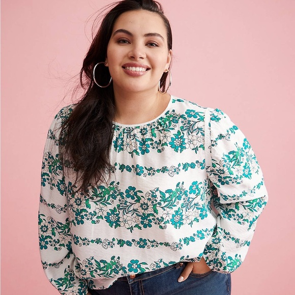 Lane Bryant Women’s Peasant Blouse Long Sleeves Lightweight GreenWhite Floral 18 - Picture 1 of 13